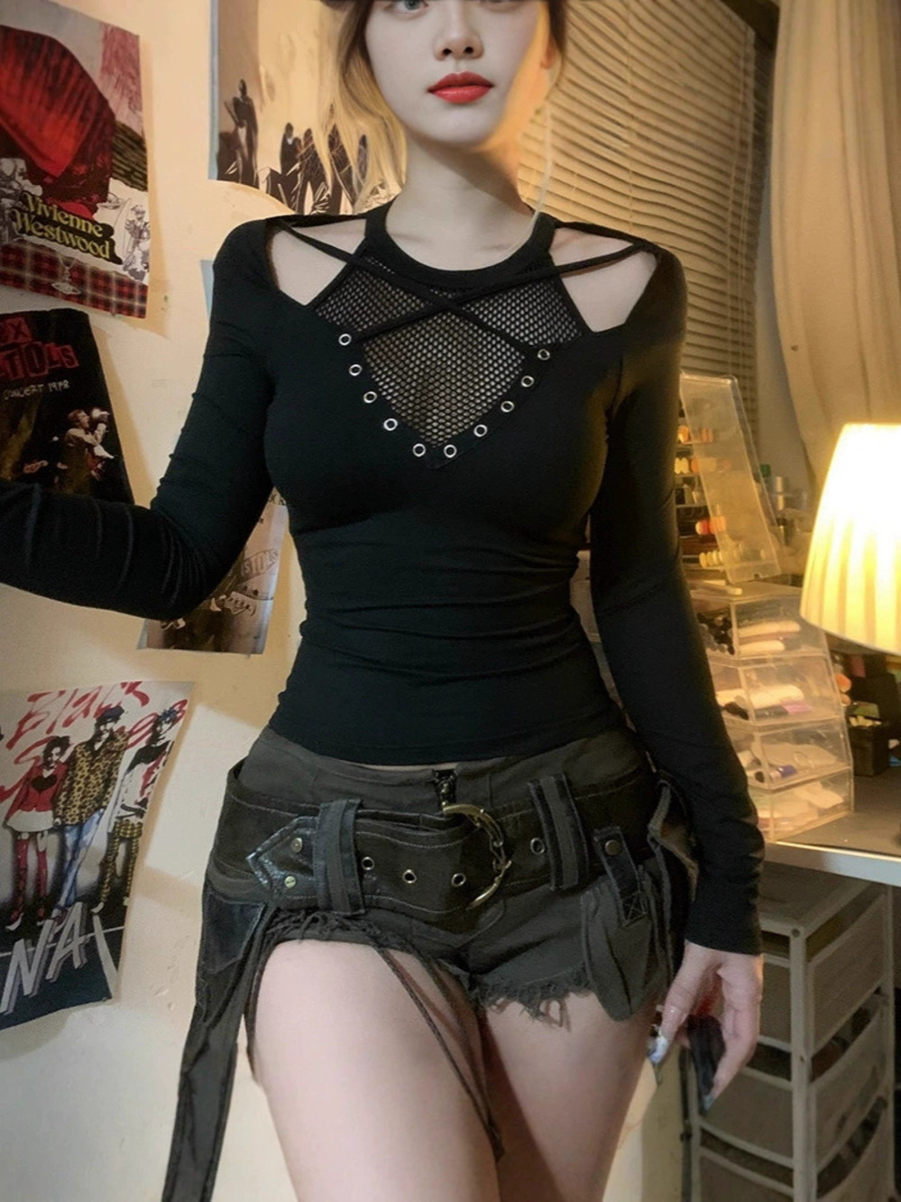 ZARA Sexy Dark Goth Alt Mesh Long Sleeve Black Shoulder Cutout Tee